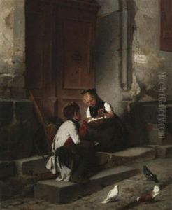 Vor Dem Pfarrhaus. Zwei Geschwister Mit Einem Hahn, Einem Korb Voller Eier Sowie Einem Brief Vor Der Tur Des Pfarrers Vor Dem Pfarrhaus. Zwei Geschwister Mit Einem Hahn, Einem Korb Voller Eier Sowie Einem Brief Vor Der Tur Des Pfarrers