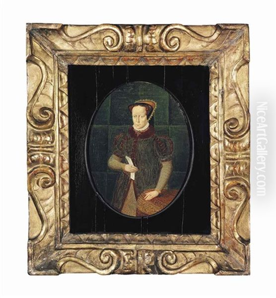 Portrait Of Mary I, Queen Of England (1516-1558), Small Three-quarter-length, In A Dark Red Coat With Fur Collar, Holding A Letter At A Draped Table by Hans Eworth