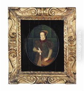 Portrait Of Mary I, Queen Of England (1516-1558), Small Three-quarter-length, In A Dark Red Coat With Fur Collar, Holding A Letter At A Draped Table by Hans Eworth