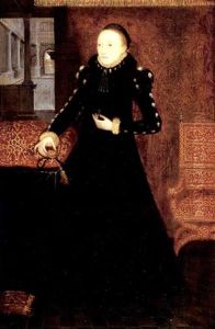 Portrait Of A Lady (katherine, Duchess Of Suffolk?) Holding A Locket In Her Right Hand, A Cloth Of Honour Behind by Hans Eworth