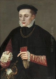 Portrait Of A Gentleman In A Black Cloak, A Red Doublet With Slashed Sleeves, And A Black Cap