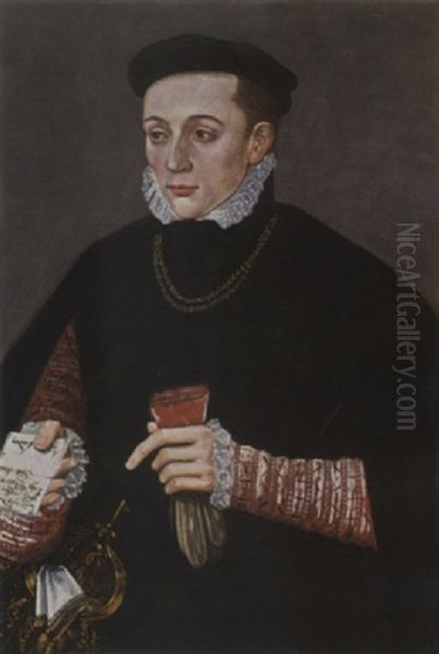 A Portrait Of A Young Nobleman From The White Family, Waring A Red Coat With A White Shirt Under A Black Coat - view 1
