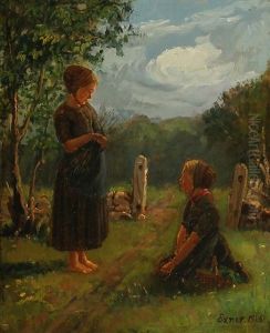 Two Young Neighbours Meet At A Field Boundary