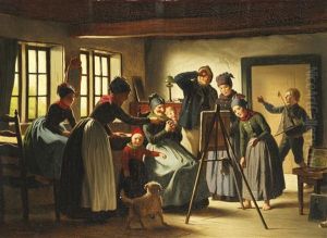 Interior From Fano With The Locals Admiring A Painting On The Easel, While The Artist Is Away by Johann Julius Exner