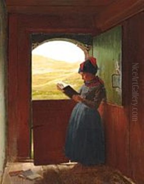 A Girl From Fano Standing In The Doorway, Reading A Book - view 1