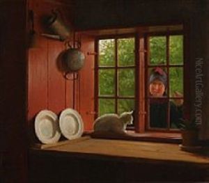 A Girl From Fano Is Watching A White Cat Through A Window