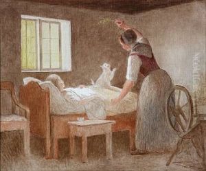 Interior From Zealand With A Mother With Her Reconvalescent Daughter And A Kitten
