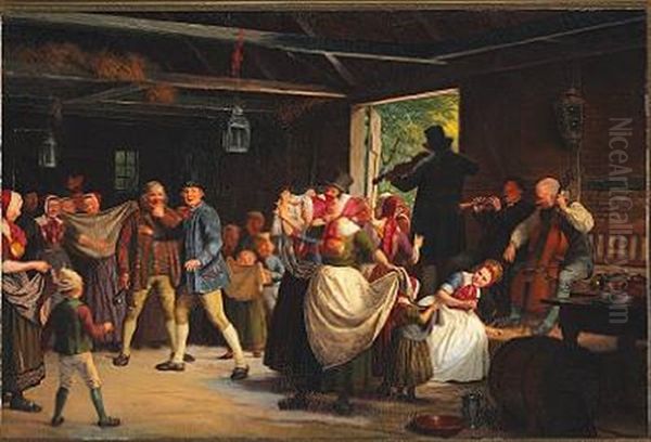 Brudgommen Soger Efter Bruden, Som Pigerne Prove Paa At Skjule. Gammel Folkeskik Ved Bondebryllupper I Danmark. - Scenen Fra Hedeboegnen, Taenkt Omtrent 50 Aar Tilbage I Tiden - view 1