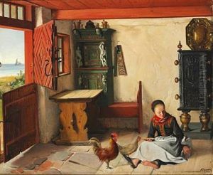 Interior From Fano With A Girl Playing With A Kitten. In The Background A Ship On The Sea