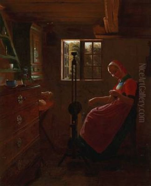 Peasant Interior With A Young Woman At The Spinning Wheel, Zealand - view 1