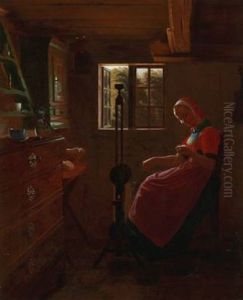Peasant Interior With A Young Woman At The Spinning Wheel, Zealand