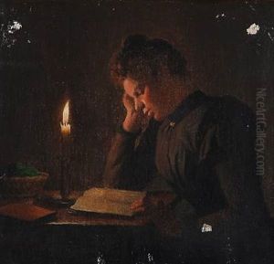 A Lady Reading A Book By A Candle by Johann Julius Exner