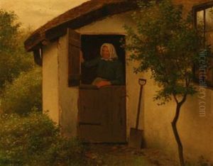An Old Woman In The Doorway Of A Farmhouse by Johann Julius Exner