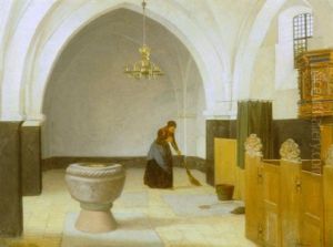 Kirkeinterior Fra Taarnby Kirke Med Kvinde, Der Fejer Gulvet Under Korbuen