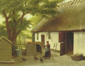 En Amagerpige Fodrer Honsene Pa Gardspladsen by Johann Julius Exner