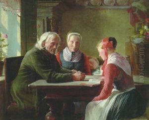 Almueinterior Med Ung Pige, Der Laeser Op For Sine Bedsteforaeldre, Lillesoster Er Faldet I Sovn by Johann Julius Exner