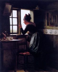 Stue Med En Strikkende Pige by Johann Julius Exner