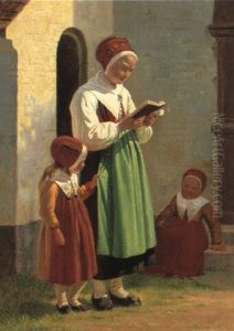 Tre Amagerpiger Udenfor Kirken by Johann Julius Exner