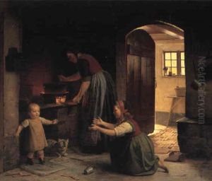 K+kkeninterior Med Mor Der Laver Mad Til Sine To Born by Johann Julius Exner