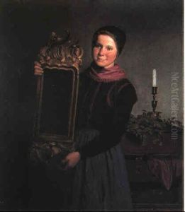 Interior Med Ung Pige I Amagerdragt, I Handen Holder Hun Et Rococospejl by Johann Julius Exner