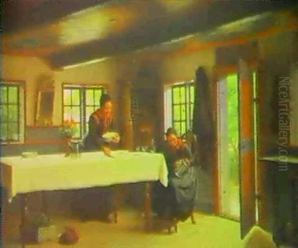 'der Ventes Fremmede' Interior Med To Piger Som Daekker Bord - view 1