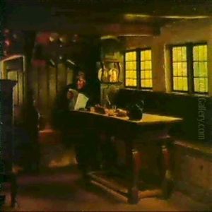 Interior Fra En Bondestue Med Avislaesende Mand. Ved Kaffebordet. 1873 by Johann Julius Exner