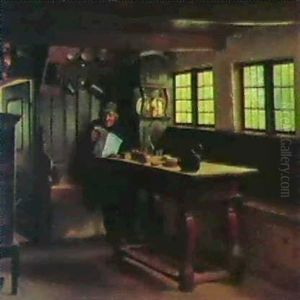 Interior Fra En Bondestue Med Avislaesende Mand. "ved Kaffe-bordet" by Johann Julius Exner