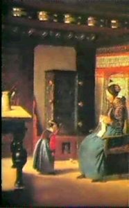 Interior Med Mor Og Barn, Der Betragter En Kylling by Johann Julius Exner