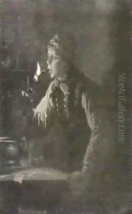 Interior Med Ung Mand Der Taender En Cigar Med Stearin- Lyset by Johann Julius Exner