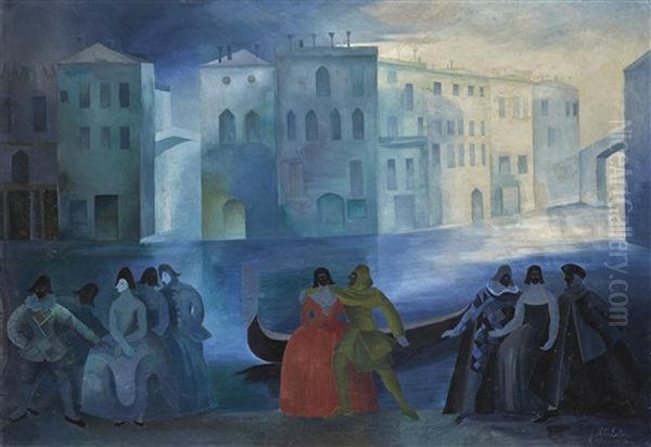 Masked Figures By The Banks Of A Venetian Canal - view 1