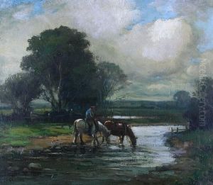 Farmhand Watering Two Horses At Astream by William Ashton