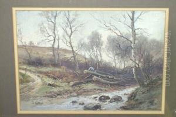 R.o.i. "spring Woods, Baildon", Figure Cutting Timber Beside A Stream, A Hillside Beyond Signed, Also Bearing An Old Faded Photograph Of Baildon Woods Attached To The Reverse - view 1