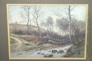 R.o.i. "spring Woods, Baildon", Figure Cutting Timber Beside A Stream, A Hillside Beyond Signed, Also Bearing An Old Faded Photograph Of Baildon Woods Attached To The Reverse R.o.i. "spring Woods, Baildon", Figure Cutting Timber Beside A Stream, A Hillside Beyond Signed, Also Bearing An Old Faded Photograph Of Baildon Woods Attached To The Reverse
