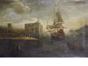 Port Scene, With An Artist, Possibly Van Eyck, Painting Seated In A Small Boat