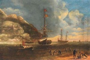 Pecheurs De Crevettes Devant Des Navires Pres D'une Cote Rocheuse thumbnail