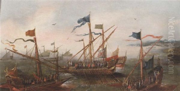 Spanish Galleys Off A Mediterranean Coastline - view 1
