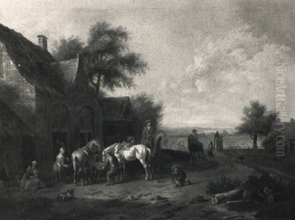 A Landscape With Cavaliers Watering Their Horses Beside Buildings - view 1