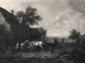 A Landscape With Cavaliers Watering Their Horses Beside     Buildings