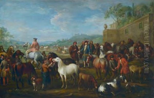 Pferdemarkt Mit Kavalieren Und Bauern In Hugeliger Landschaft - view 1