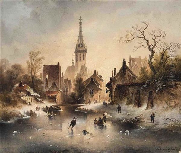 A Winter Landscape With Skaters Near A Village - view 1