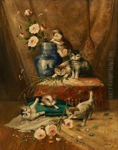 Jeux De Chatons Au Pot De Fleurs by Charles van den Eycken I