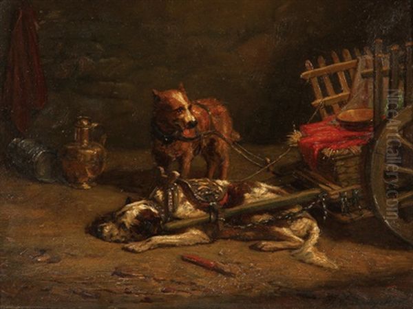 Taking A Rest- A Pair Of Dogs Pulling A Cart - view 1