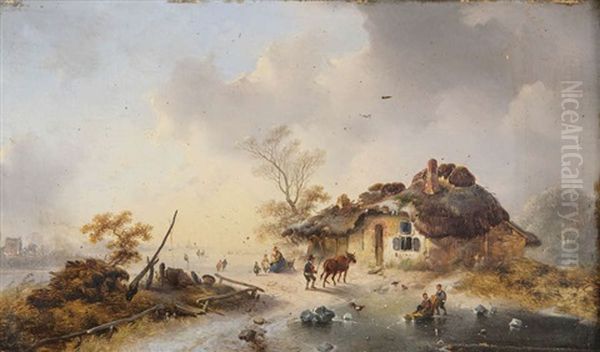 Paysage Aquatique En Hollande Anime De Patineurs A Glace Et Paysan Avec Vache Devant Une Ferme - view 1