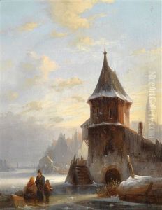 Winterlandschaft Mit Einer Stadt An Einem Zugefrorenen Kanal Winterlandschaft Mit Einer Stadt An Einem Zugefrorenen Kanal
