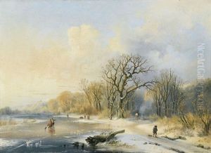 Winterliche Flussuferlandschaft Mit Schlittschuhlaufern Winterliche Flussuferlandschaft Mit Schlittschuhlaufern