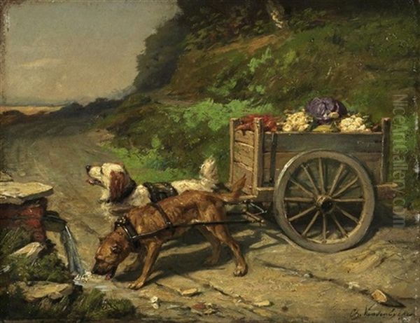 Zwei Hunde Vor Einem Gemusekarren - view 1
