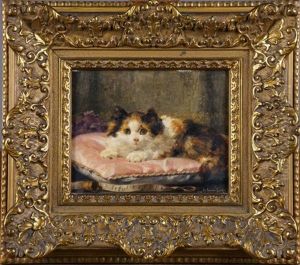 Chaton Au Coussin Rose (date 1917) by Charles van den Eycken