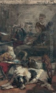 Interieur D'atelier Avec Un Chien by Charles van den Eycken