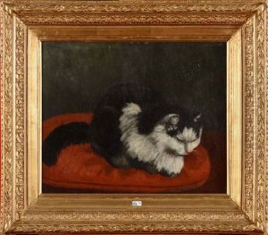 Chat Endormi Sur Un Coussin Rouge by Charles van den Eycken