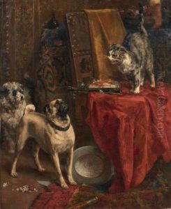 Chiens Et Chat A L'eventail by Charles van den Eycken